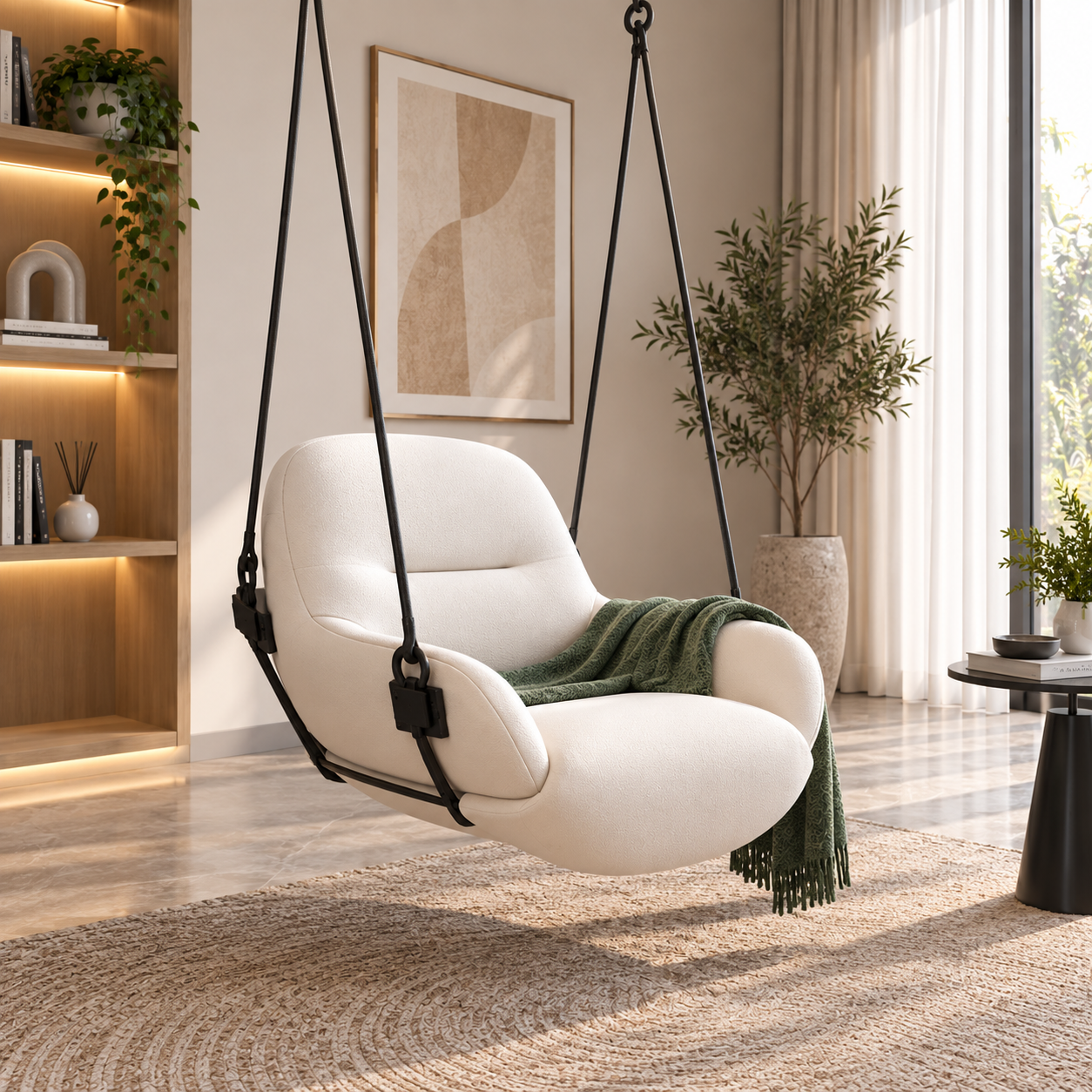 Luxury Cream Upholstered Hanging Swing Chair | Modern Indoor Relaxing Chair