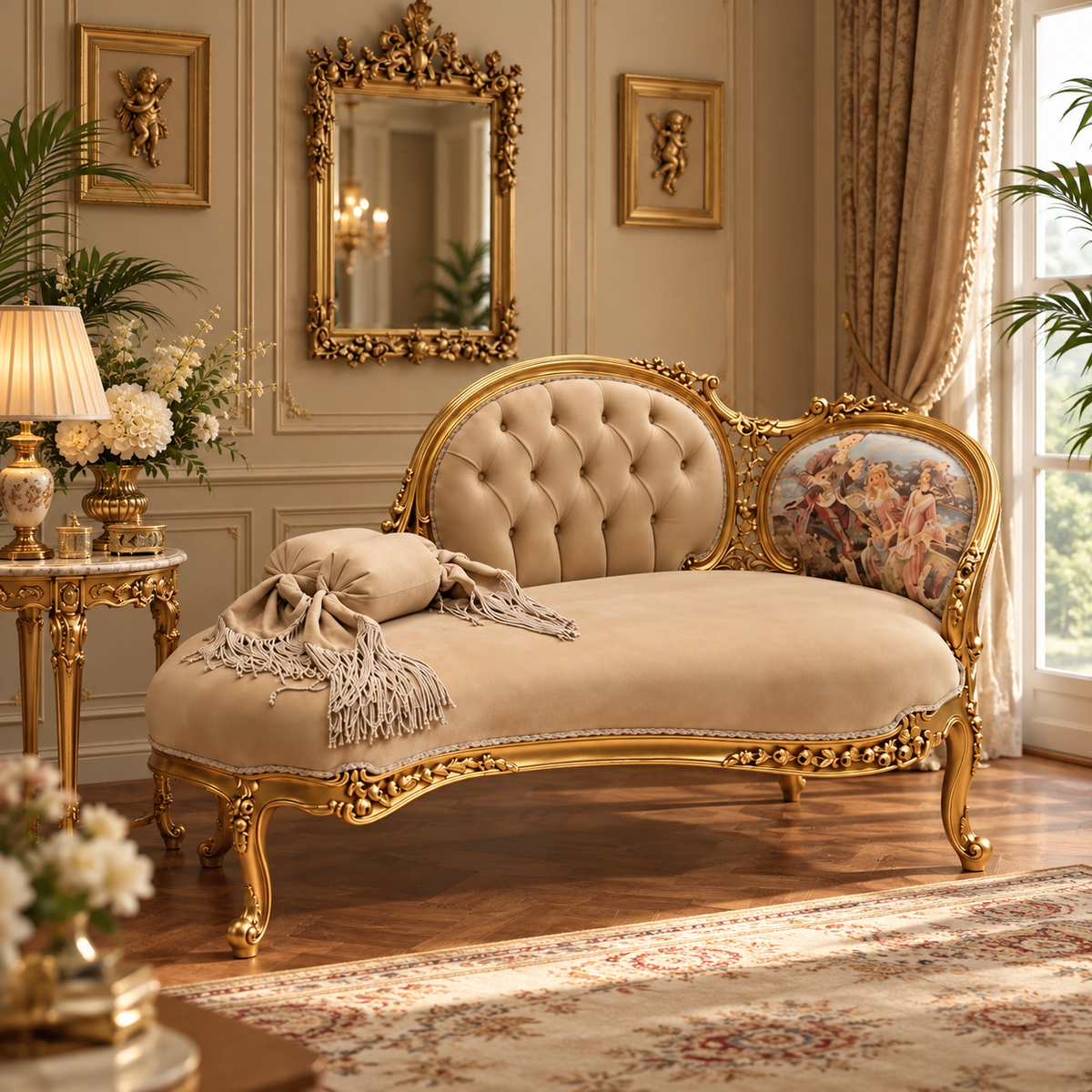 Luxury Gold Carved Chaise Lounge Sofa with Beige Tufted Upholstery, Antique French Style Recamier Daybed for Living Room