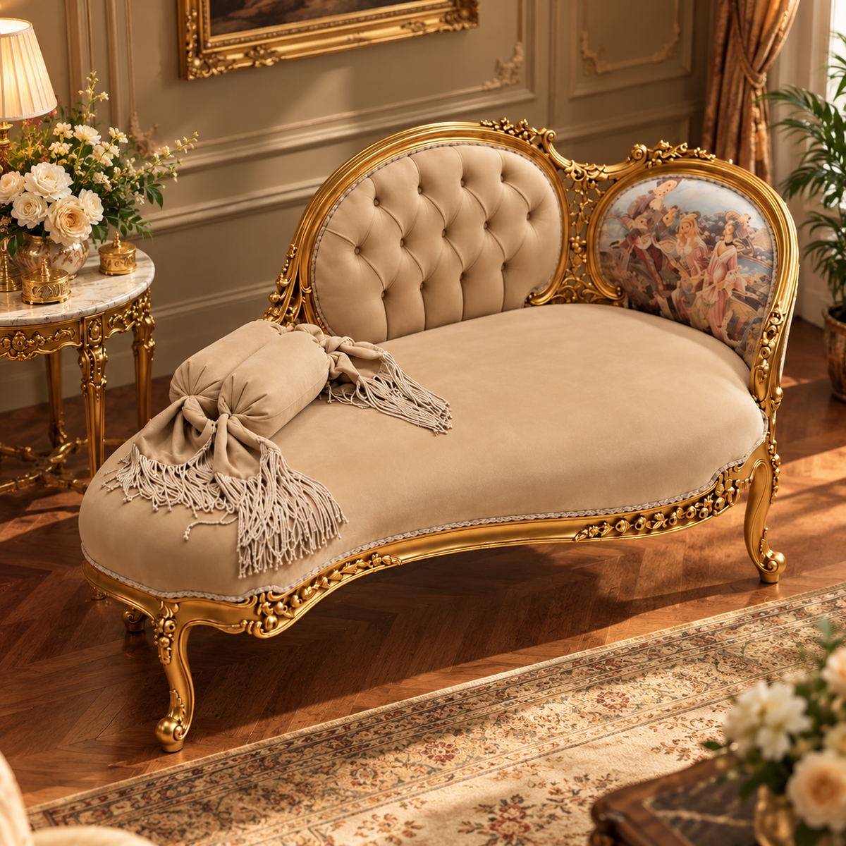 Luxury Gold Carved Chaise Lounge Sofa with Beige Tufted Upholstery, Antique French Style Recamier Daybed for Living Room