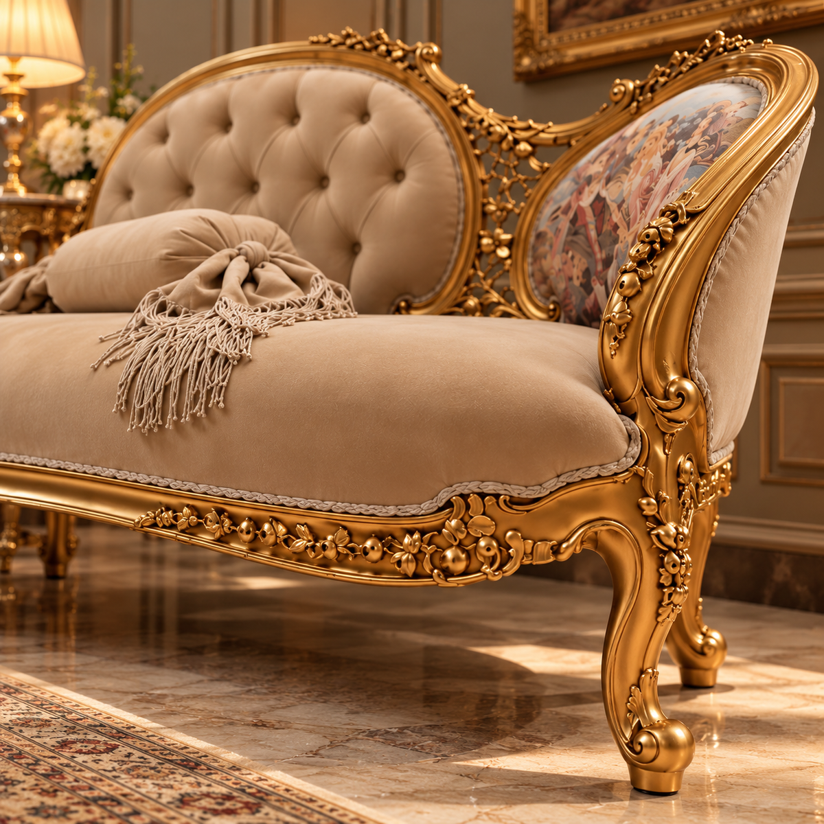 Luxury Gold Carved Chaise Lounge Sofa with Beige Tufted Upholstery, Antique French Style Recamier Daybed for Living Room