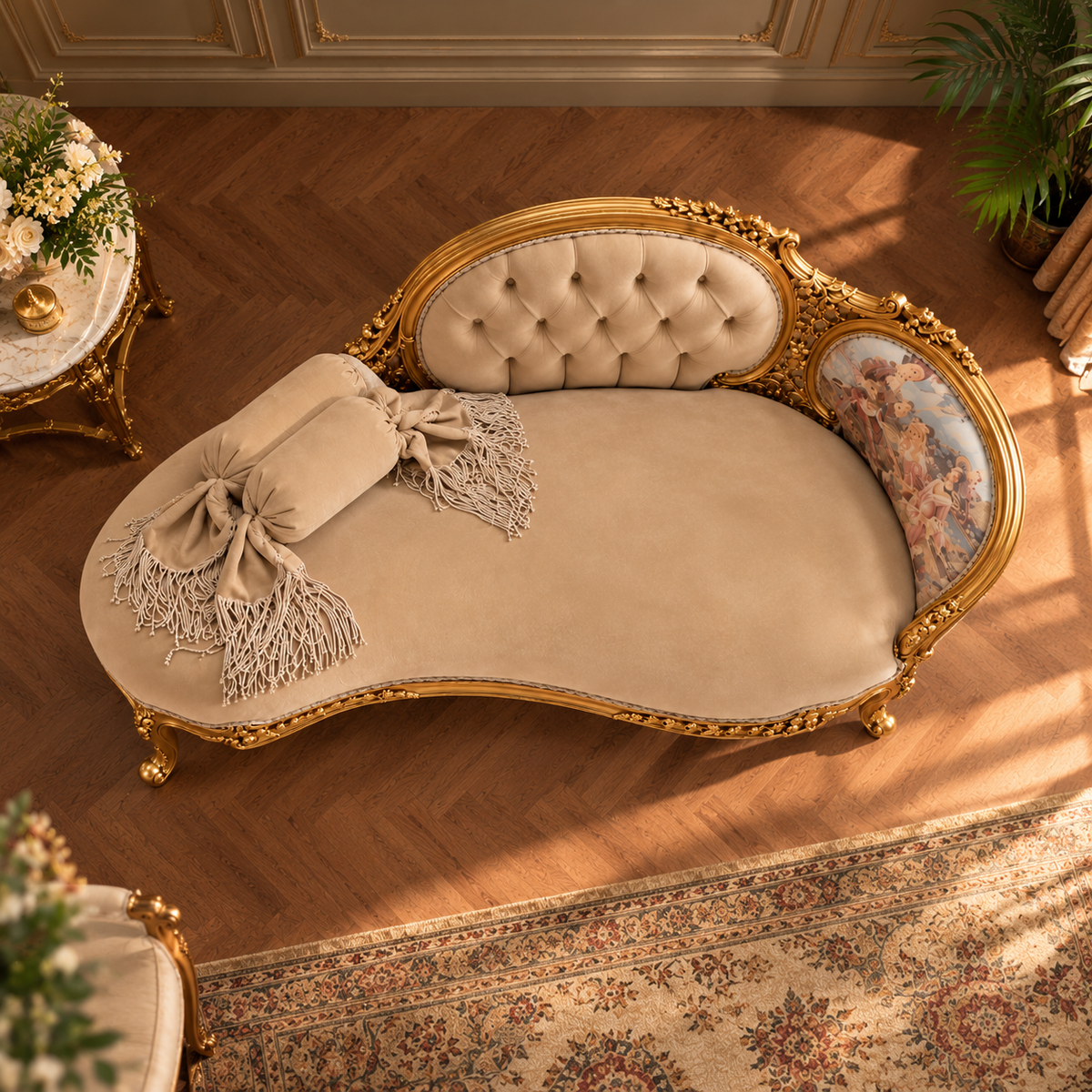 Luxury Gold Carved Chaise Lounge Sofa with Beige Tufted Upholstery, Antique French Style Recamier Daybed for Living Room