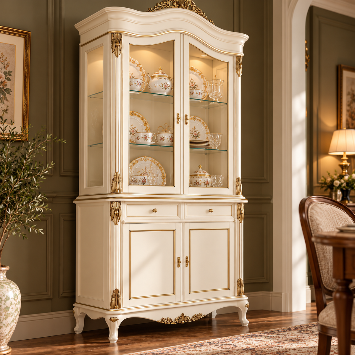 Luxury Ivory China Cabinet with Glass Doors, Gold Accents, 2 Drawers & Lower Storage French Style Display Cupboard