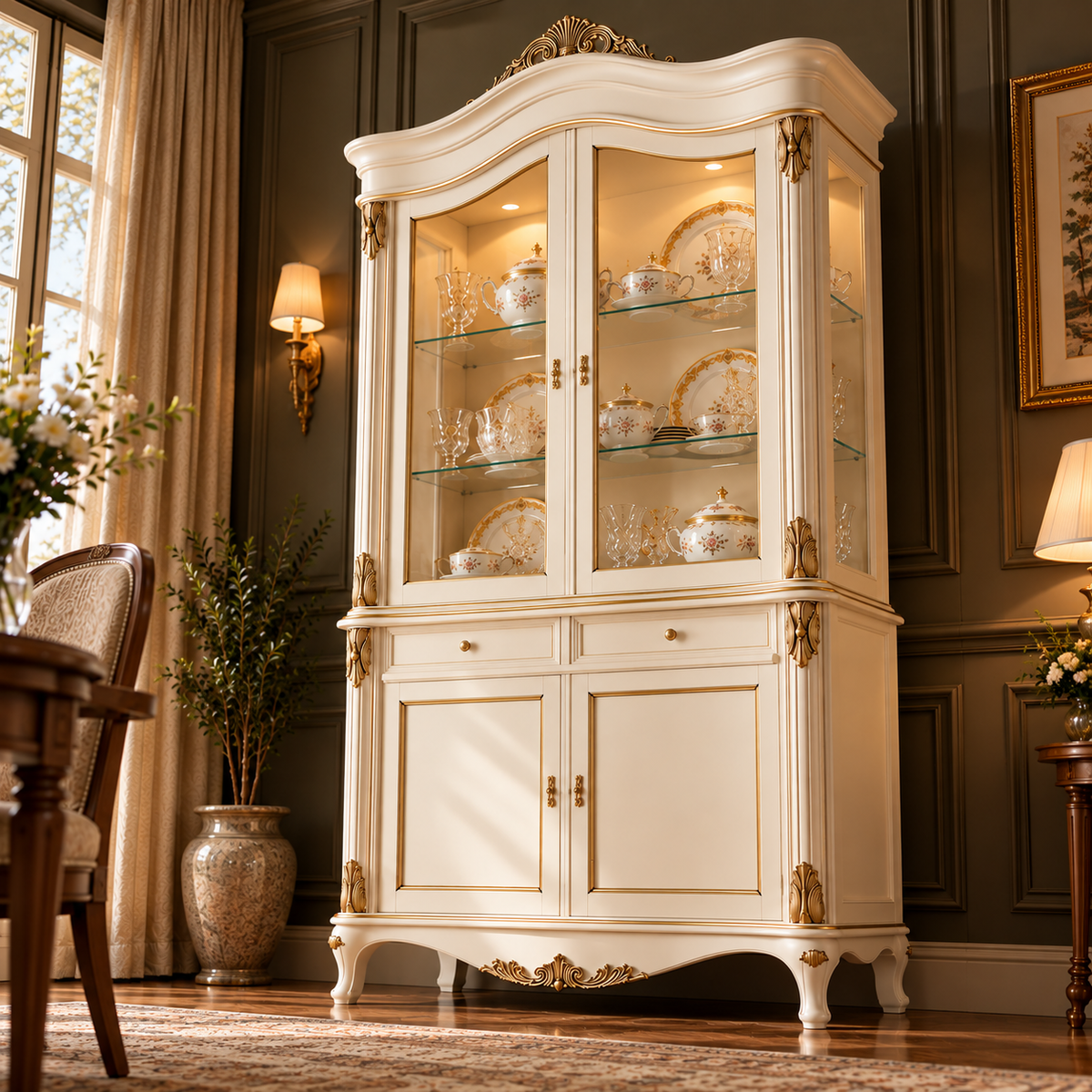 Luxury Ivory China Cabinet with Glass Doors, Gold Accents, 2 Drawers & Lower Storage French Style Display Cupboard