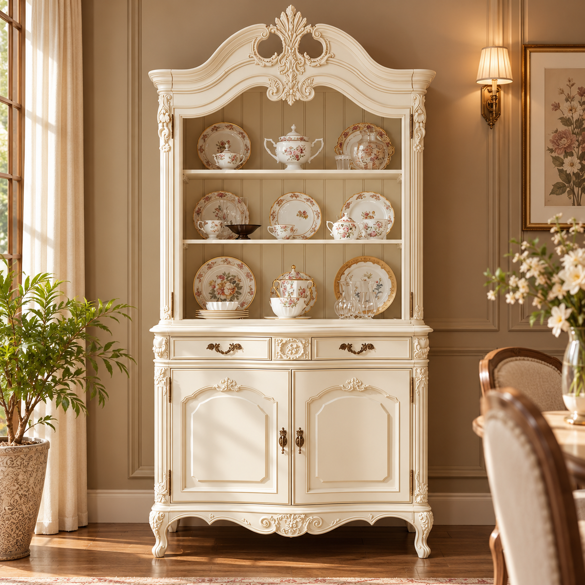 Luxury Ivory Wooden Crockery Cabinet with Open Display Shelves, 2 Door Storage, Ornate Carved Details & Antique Finish