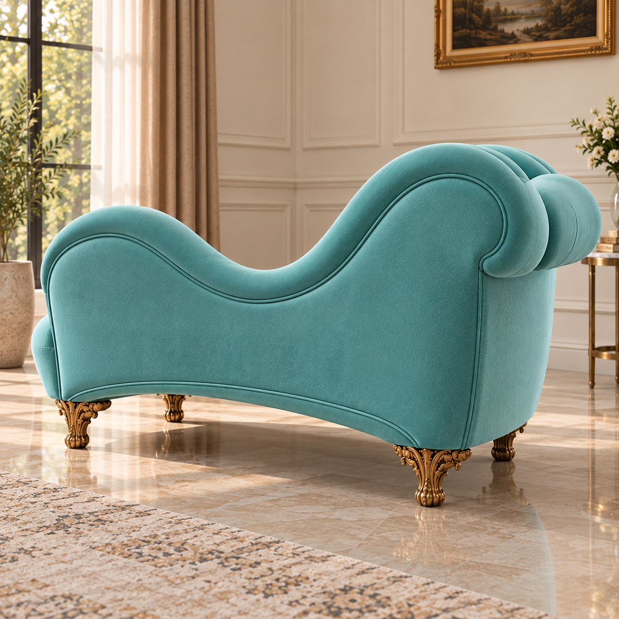 Luxury Teal Velvet Chaise Lounge Sofa | Classic Curved Recamier Sofa with Gold Legs