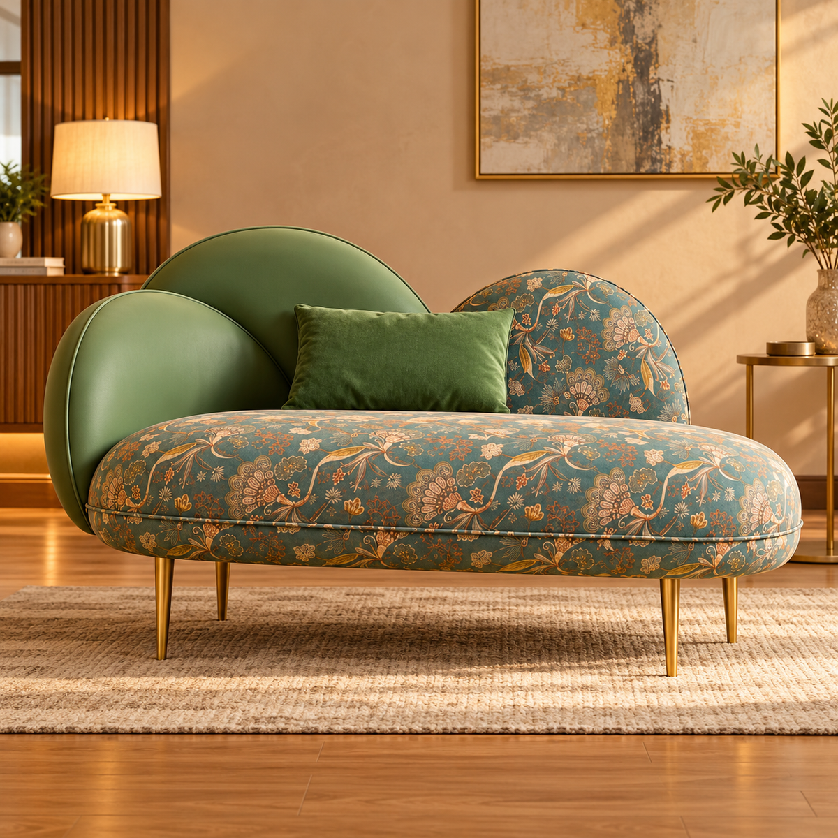 Luxury Upholstered Chaise Lounge with Floral Teal Fabric, Olive Green Backrest & Gold Metal Legs for Living Room