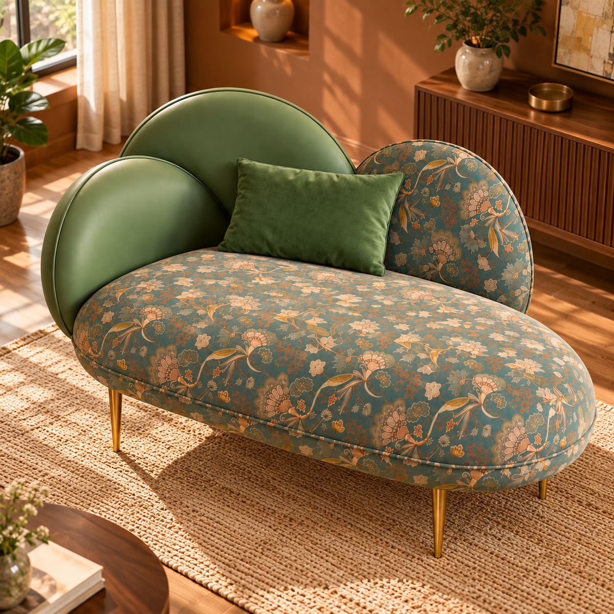 Luxury Upholstered Chaise Lounge with Floral Teal Fabric, Olive Green Backrest & Gold Metal Legs for Living Room