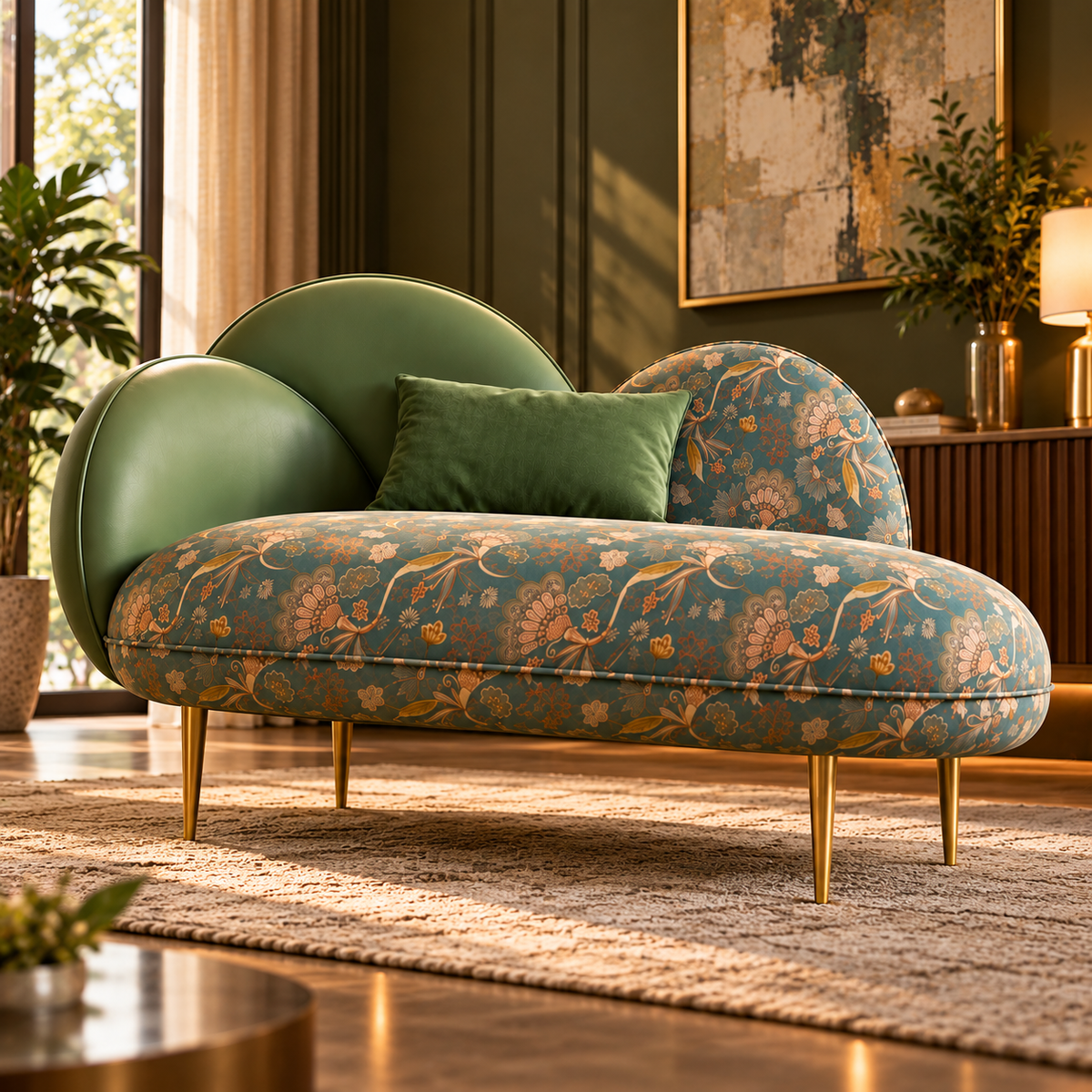 Luxury Upholstered Chaise Lounge with Floral Teal Fabric, Olive Green Backrest & Gold Metal Legs for Living Room