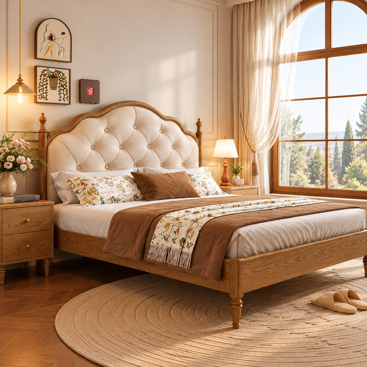 Luxury Wooden Bed with Cream Button-Tufted Upholstered Headboard