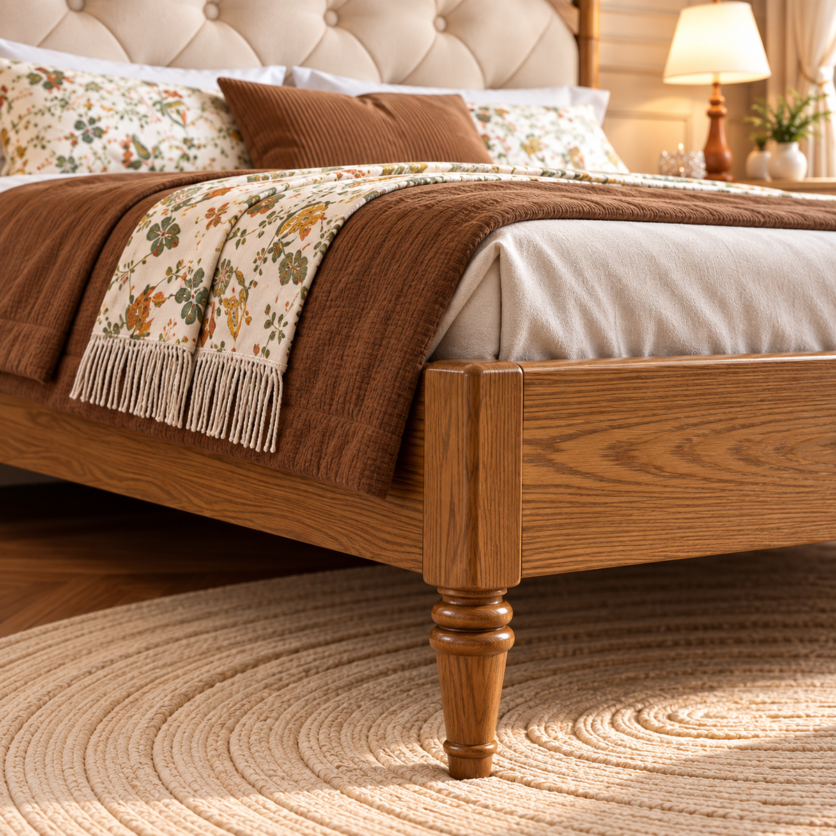 Luxury Wooden Bed with Cream Button-Tufted Upholstered Headboard