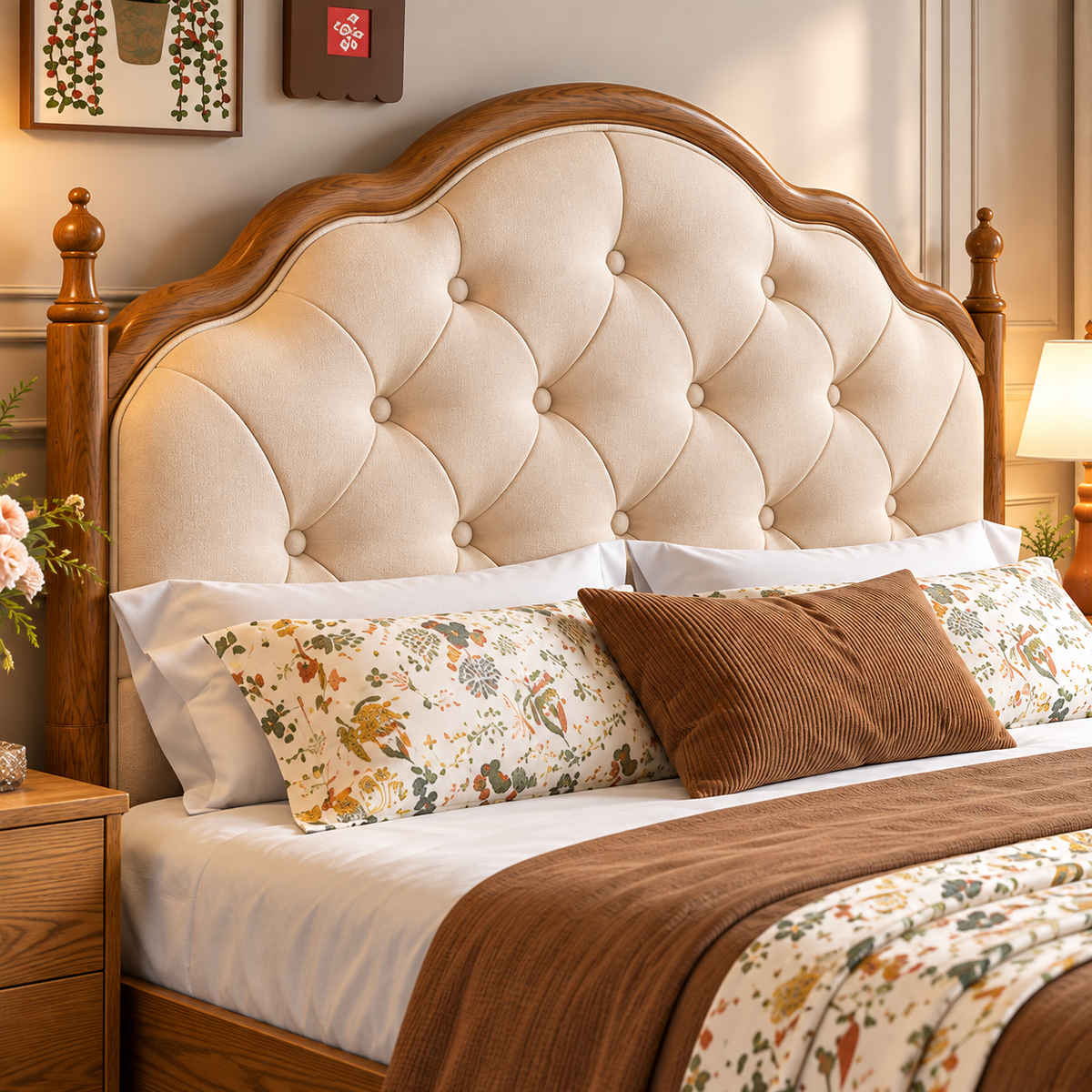 Luxury Wooden Bed with Cream Button-Tufted Upholstered Headboard