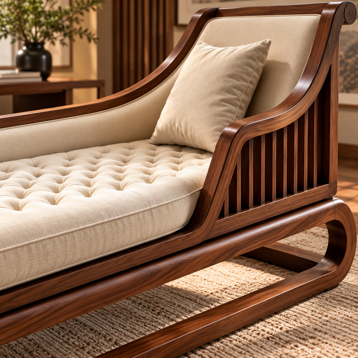 Luxury Wooden Chaise Lounge Chair with Cream Tufted Upholstery, Walnut Finish, Modern Daybed for Living Room
