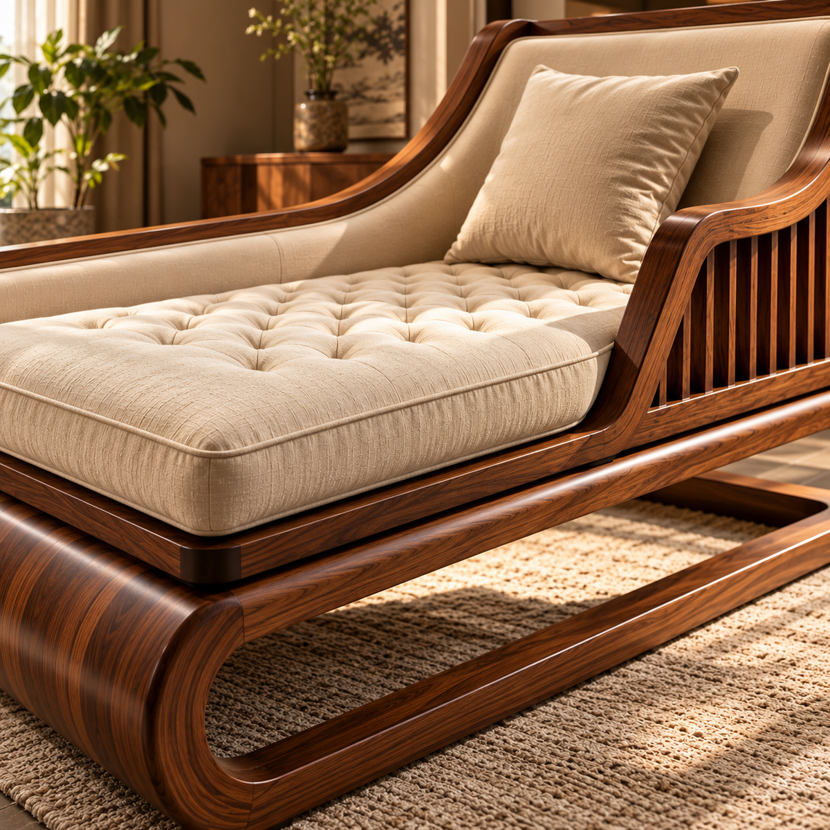 Luxury Wooden Chaise Lounge Chair with Cream Tufted Upholstery, Walnut Finish, Modern Daybed for Living Room