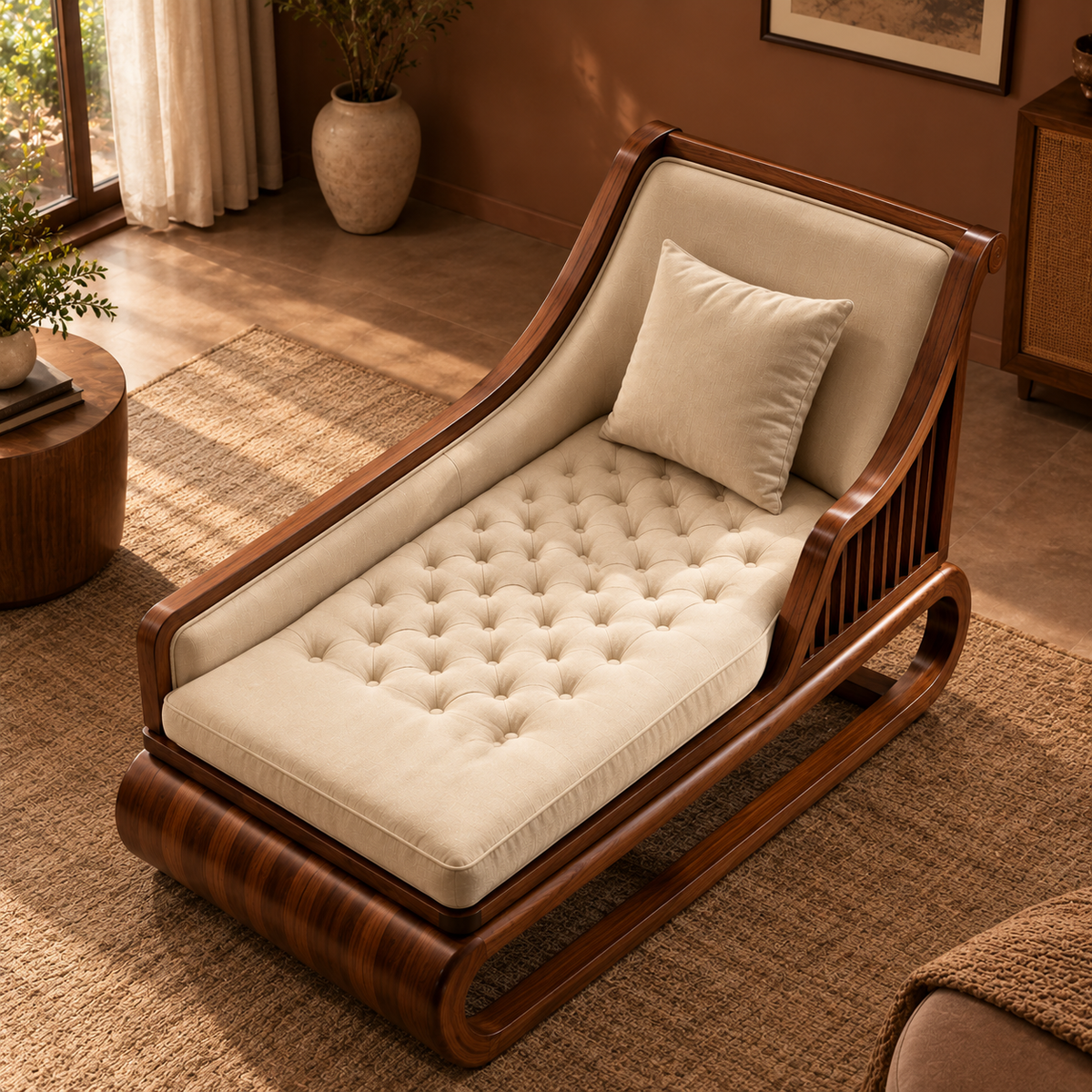 Luxury Wooden Chaise Lounge Chair with Cream Tufted Upholstery, Walnut Finish, Modern Daybed for Living Room
