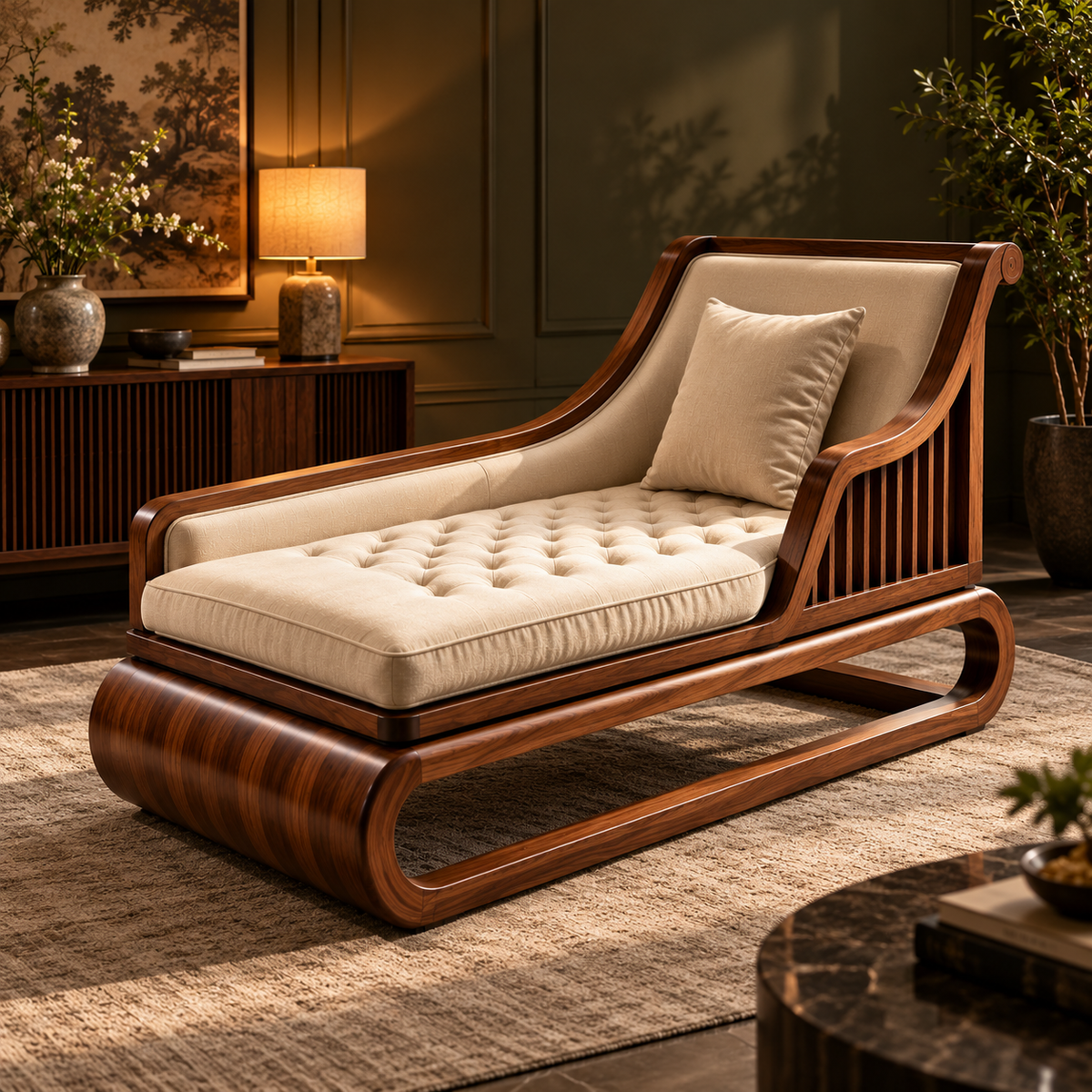 Luxury Wooden Chaise Lounge Chair with Cream Tufted Upholstery, Walnut Finish, Modern Daybed for Living Room