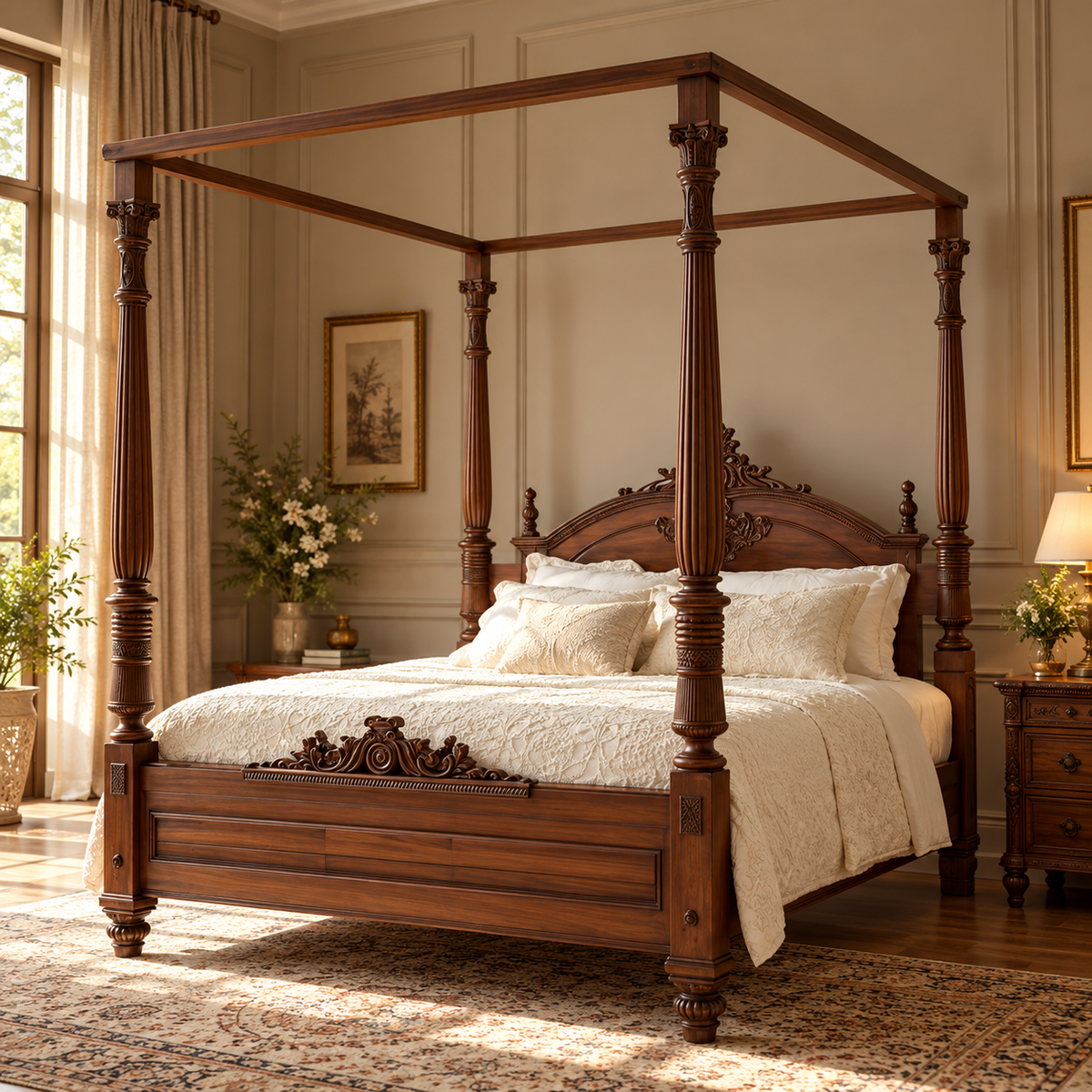 Luxury Wooden Four Poster Canopy Bed with Carved Headboard, Dark Walnut Finish, Traditional King Size Bed Frame for Bedroom