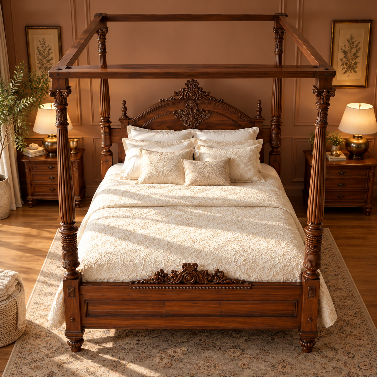 Luxury Wooden Four Poster Canopy Bed with Carved Headboard, Dark Walnut Finish, Traditional King Size Bed Frame for Bedroom