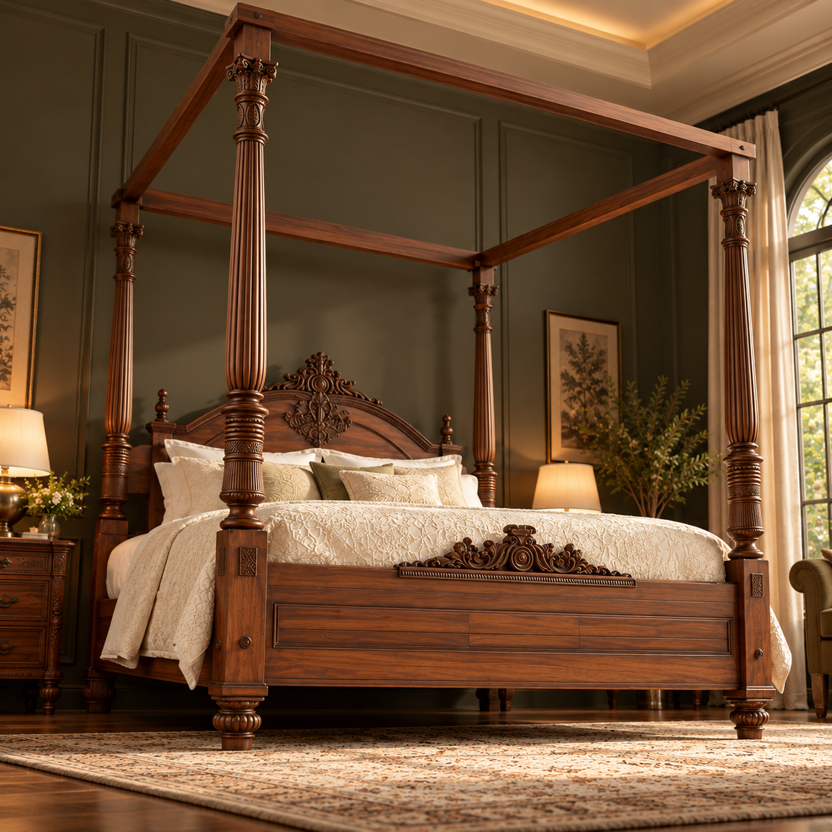 Luxury Wooden Four Poster Canopy Bed with Carved Headboard, Dark Walnut Finish, Traditional King Size Bed Frame for Bedroom