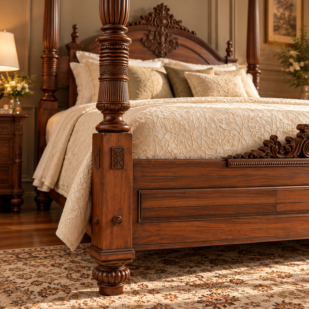 Luxury Wooden Four Poster Canopy Bed with Carved Headboard, Dark Walnut Finish, Traditional King Size Bed Frame for Bedroom