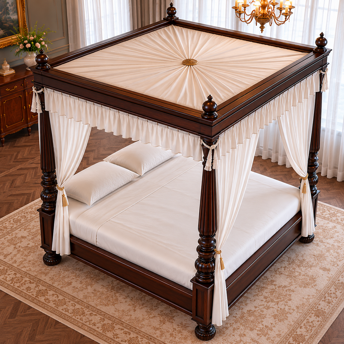 Luxury Wooden Four Poster Canopy Bed with Carved Posts and Elegant Curtain Frame for Bedroom