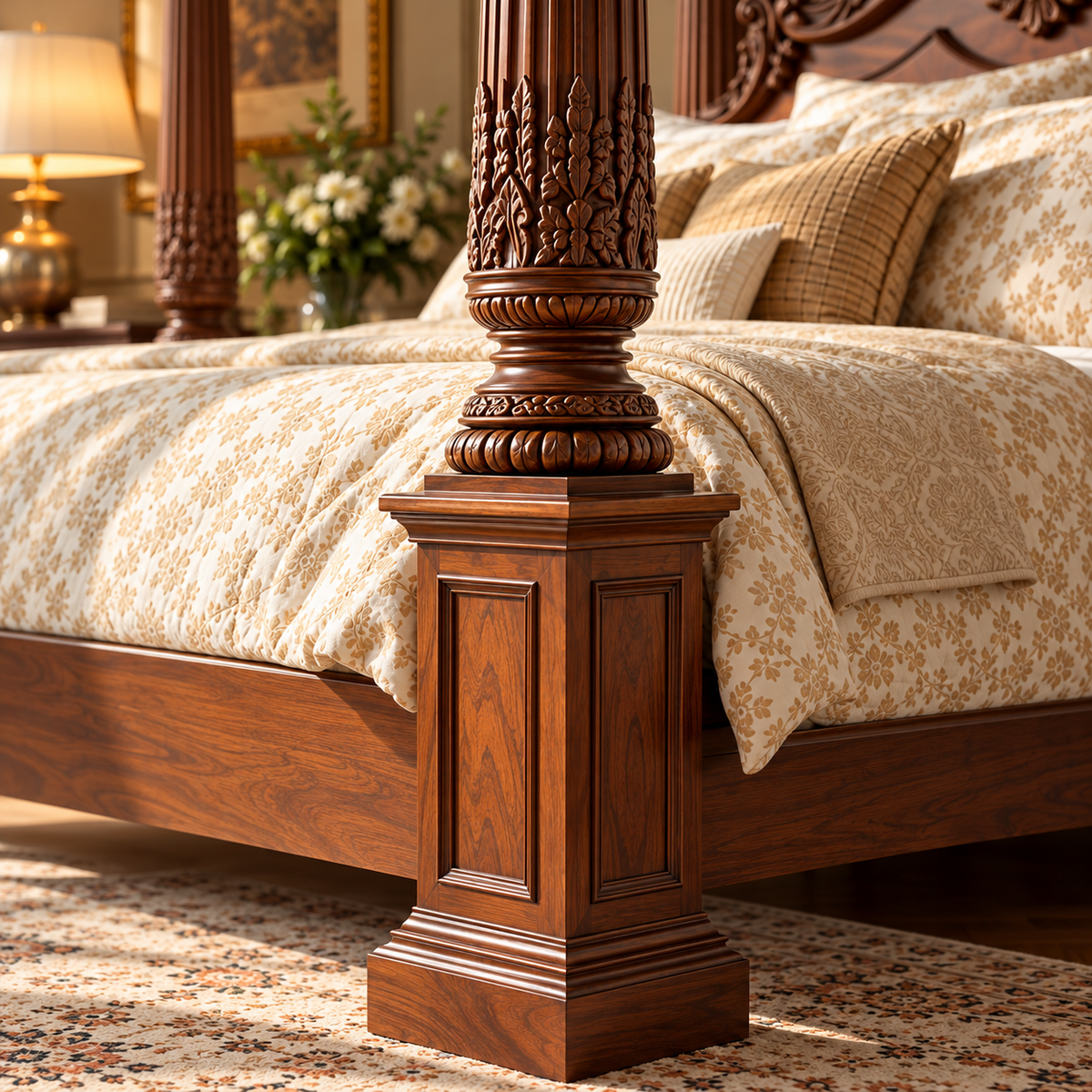 Luxury Wooden Four Poster Canopy Bed with Ornate Carved Headboard, Dark Walnut Finish, Traditional King Size Bed Frame