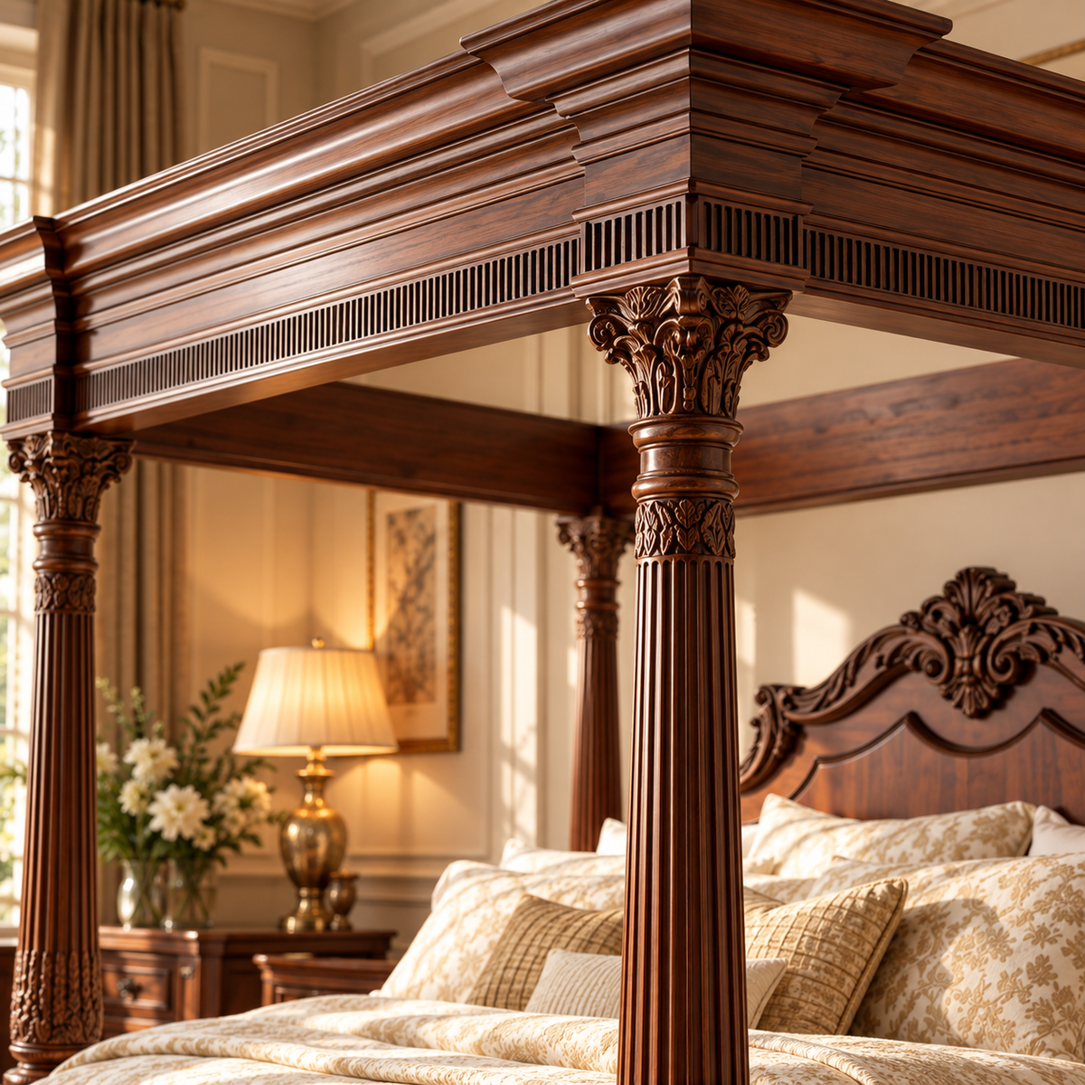 Luxury Wooden Four Poster Canopy Bed with Ornate Carved Headboard, Dark Walnut Finish, Traditional King Size Bed Frame