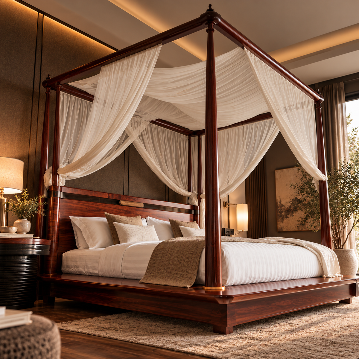 Luxury Wooden Four Poster Canopy Bed with Sheer Curtains, Premium Dark Walnut Finish, Elegant King Size Bed for Bedroom