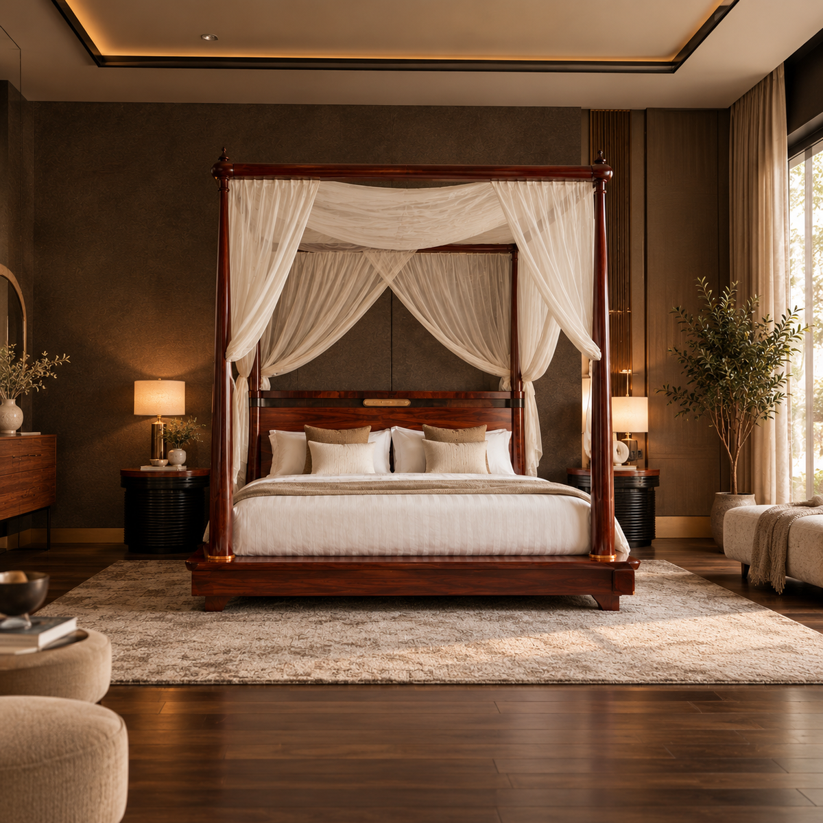 Luxury Wooden Four Poster Canopy Bed with Sheer Curtains, Premium Dark Walnut Finish, Elegant King Size Bed for Bedroom