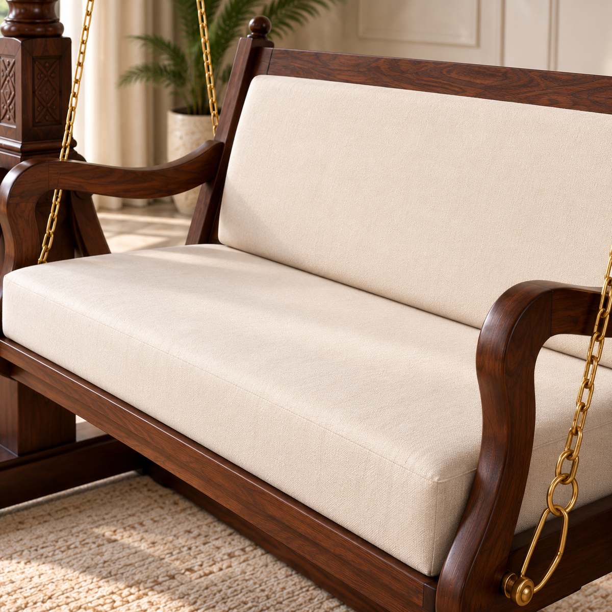 Luxury Wooden Swing Chair with Stand | Walnut Finish 2 Seater Jhula with Cream Cushions OUCH CART