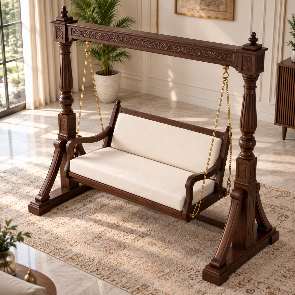 Luxury Wooden Swing Chair with Stand | Walnut Finish 2 Seater Jhula with Cream Cushions