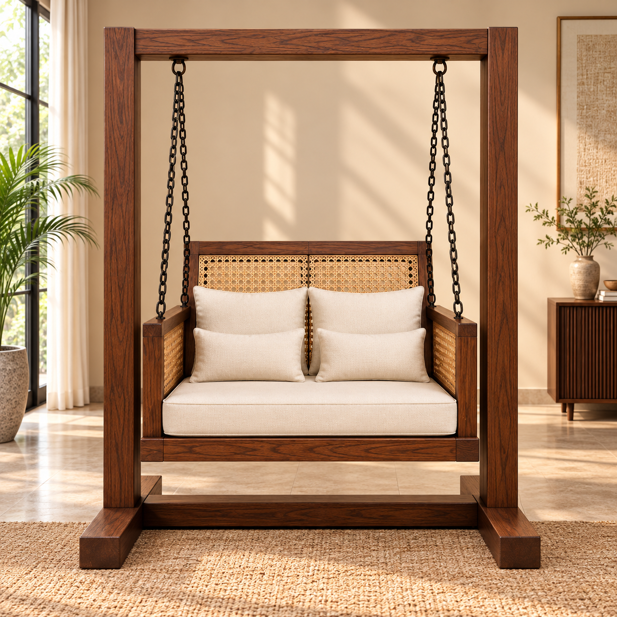 Luxury Wooden Swing Chair with Stand, Cane Rattan Panels & Cream Cushions
