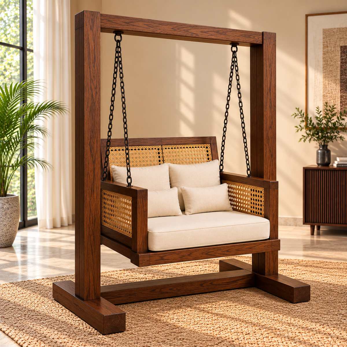 Luxury Wooden Swing Chair with Stand, Cane Rattan Panels & Cream Cushions Ouch Cart
