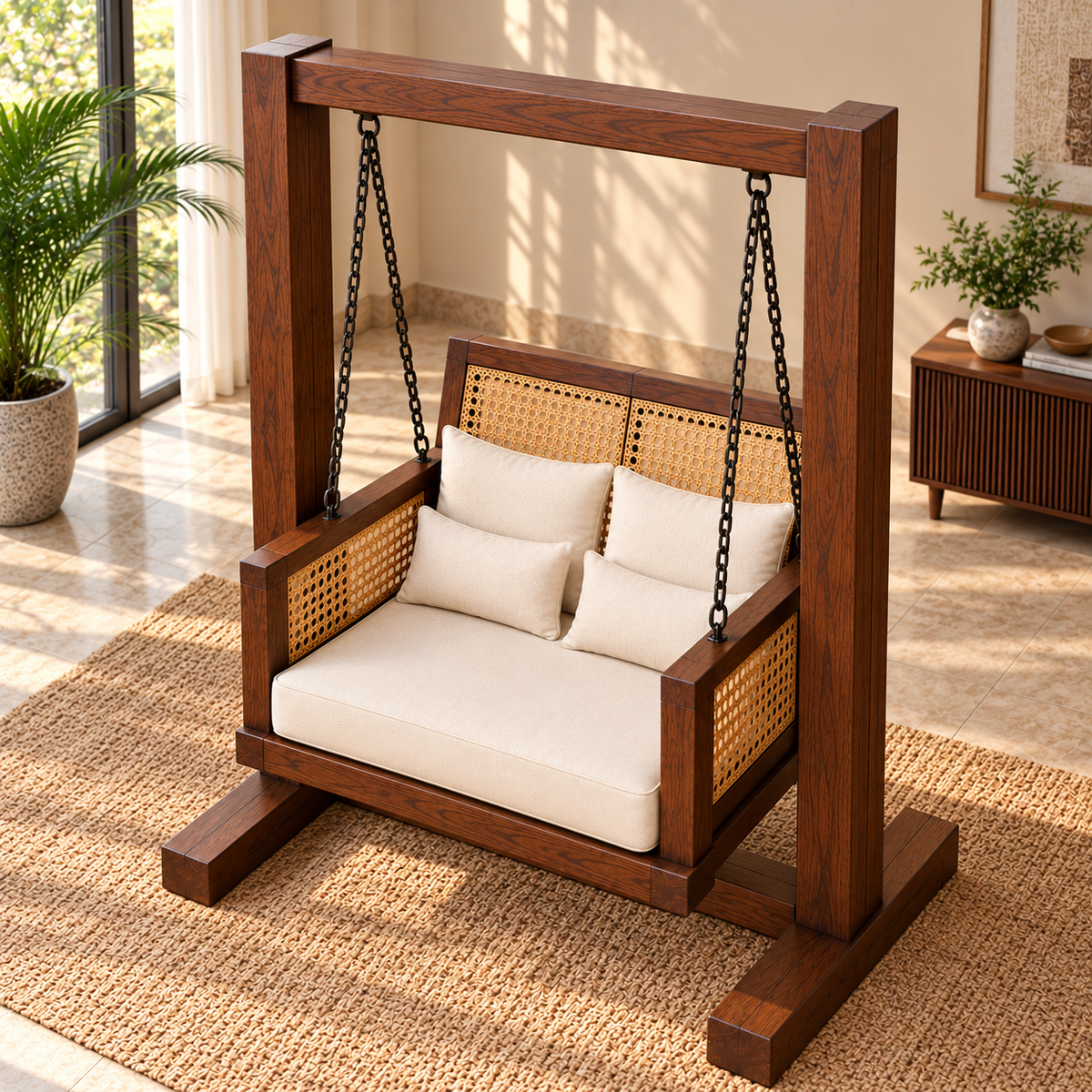 Luxury Wooden Swing Chair with Stand, Cane Rattan Panels & Cream Cushions Ouch Cart
