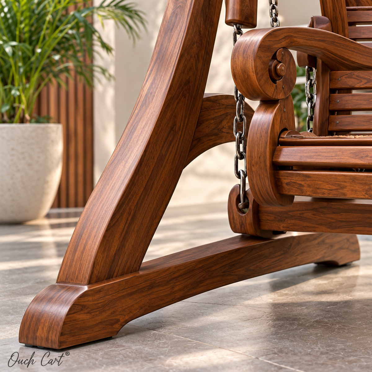 Luxury Wooden Swing with Stand for Outdoor & Living Room | 3 Seater Solid Wood Jhula with Carved Design, Heavy-Duty Chains & Sturdy Frame OUCH CART