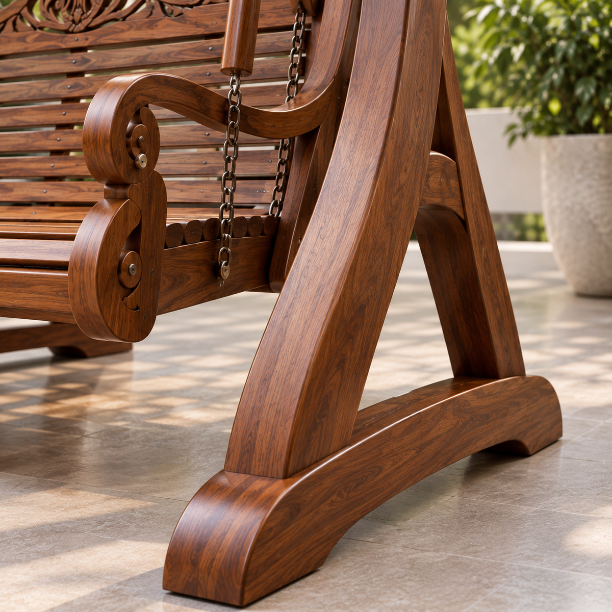 Luxury Wooden Swing with Stand for Outdoor & Living Room | 3 Seater Solid Wood Jhula with Carved Design, Heavy-Duty Chains & Sturdy Frame OUCH CART