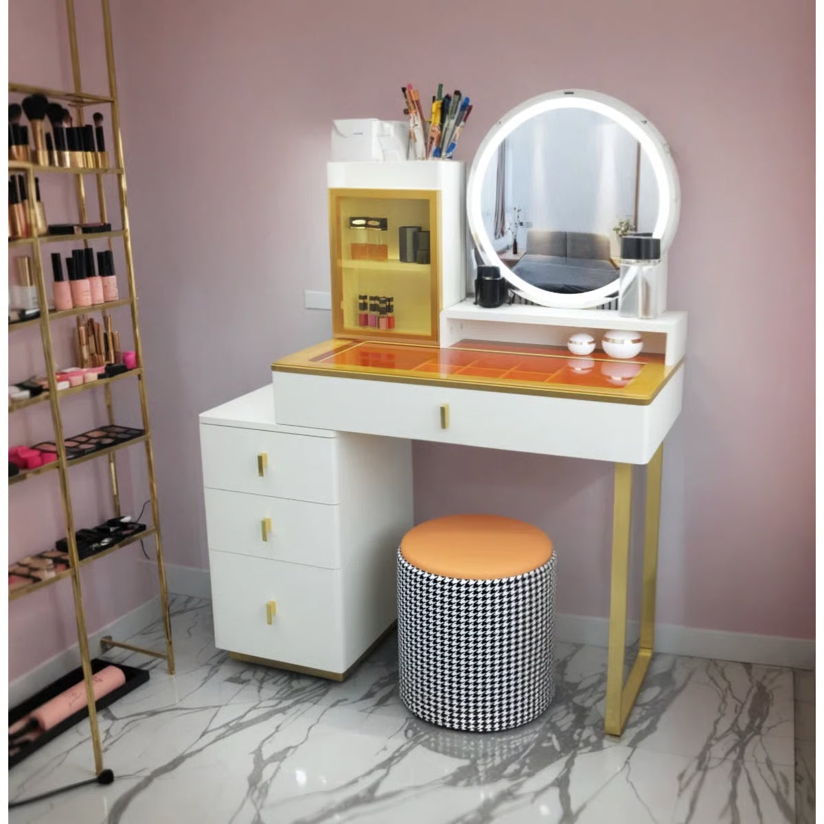 Jayda Makeup Vanity with Mirror and Stool – LED Lighted Table with Storage -OUCH CART |Dressing table