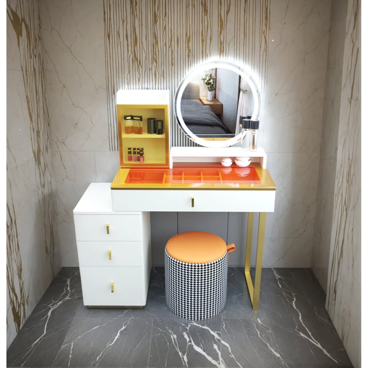 Jayda Makeup Vanity with Mirror and Stool โ LED Lighted Table with Storage -OUCH CART |Dressing table