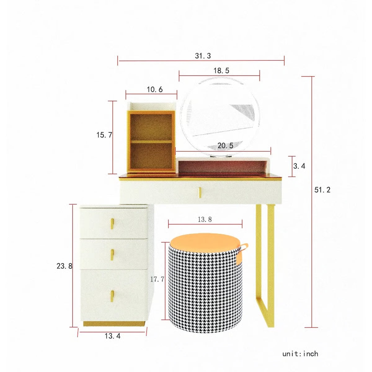 Jayda Makeup Vanity with Mirror and Stool – LED Lighted Table with Storage