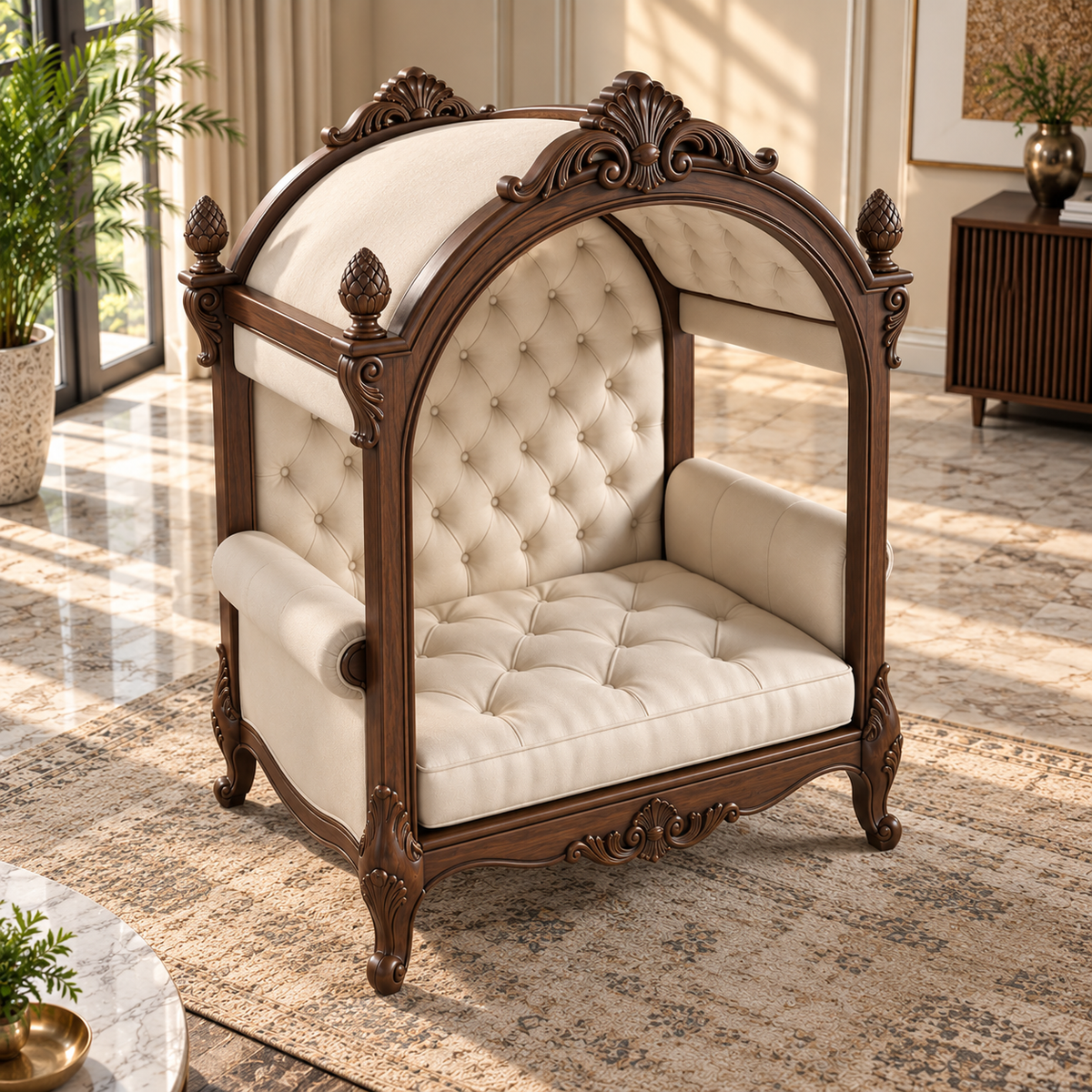 Luxury Wooden Canopy Chair with Cream Upholstery OUCH CART