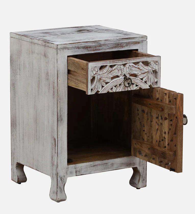 Solid Wood Bedside Table In White Distress Finish - Ouch Cart