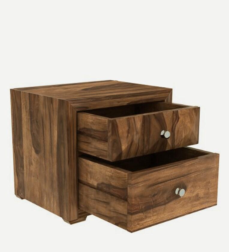 Sheesham Wood Bedside Table In Rustic Teak Finish With Drawers - Ouch Cart
