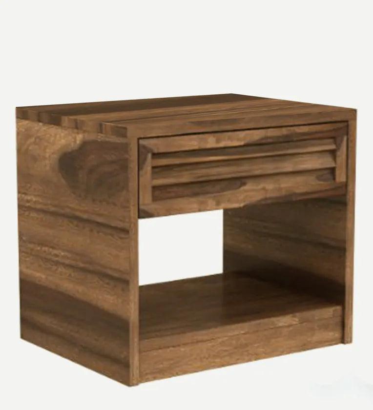 Sheesham Wood Bedside Table In Rustic Teak Finish With Drawer - Ouch Cart
