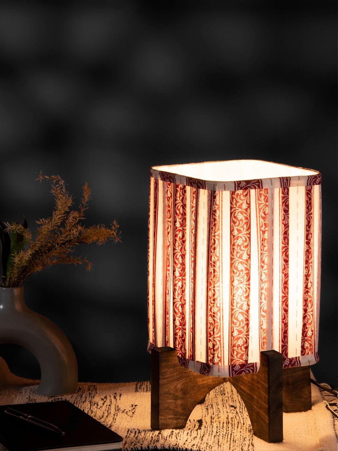 Wooden Brown Base Lamp with pleeted Red Leafyprint Soft Shade - Ouch Cart