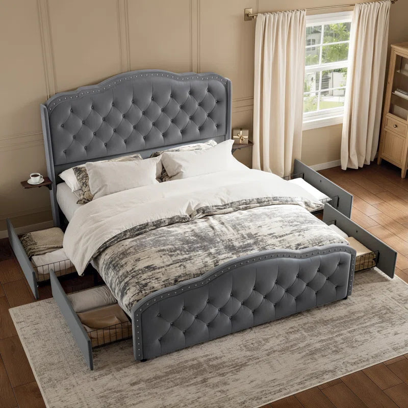Maber Upholstered Queen Bed with 4 Drawers, Storage Platform Bed with 2 Bedside Tables , Velvet Wingback Bed, No Boxing Spring Needed, Gray