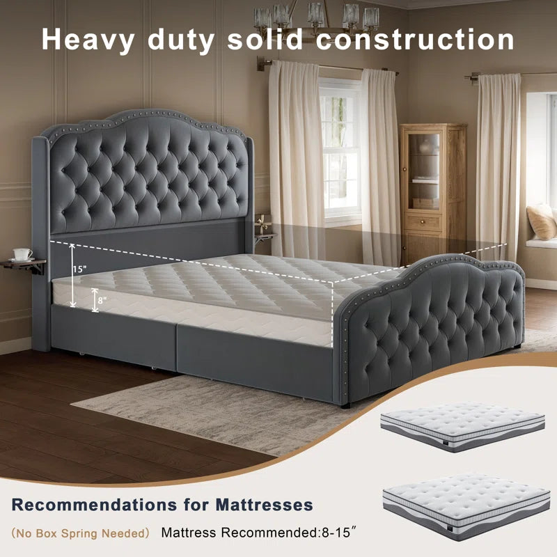 Maber Upholstered Queen Bed with 4 Drawers, Storage Platform Bed with 2 Bedside Tables , Velvet Wingback Bed, No Boxing Spring Needed, Gray