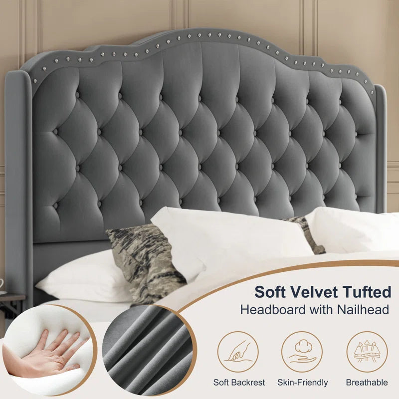 Maber Upholstered Queen Bed with 4 Drawers, Storage Platform Bed with 2 Bedside Tables , Velvet Wingback Bed, No Boxing Spring Needed, Gray - Ouchcart