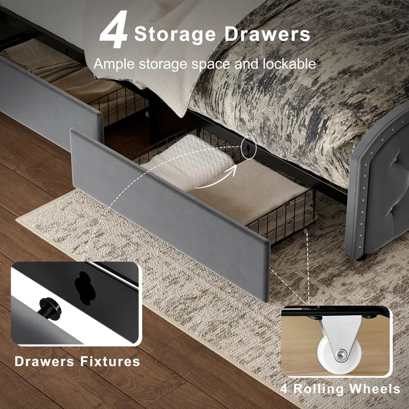 Maber Upholstered Queen Bed with 4 Drawers, Storage Platform Bed with 2 Bedside Tables , Velvet Wingback Bed, No Boxing Spring Needed, Gray