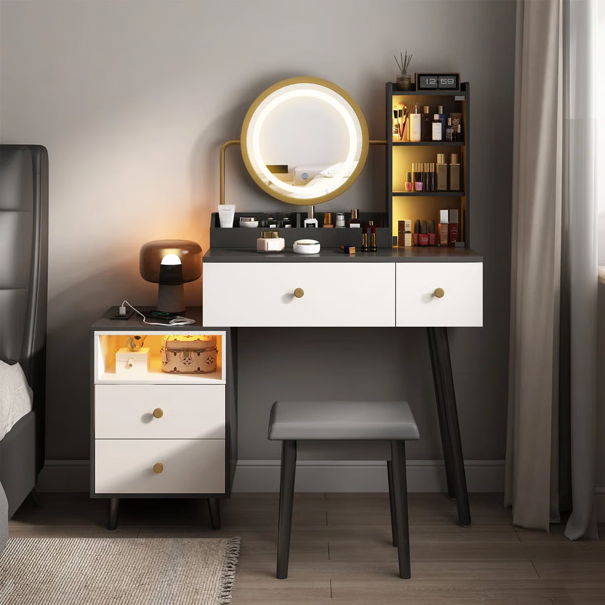 Vanity Makeup Desk Set with Touch Screen Dimming Mirror โ Modern Design-OUCH CART |Dressing table