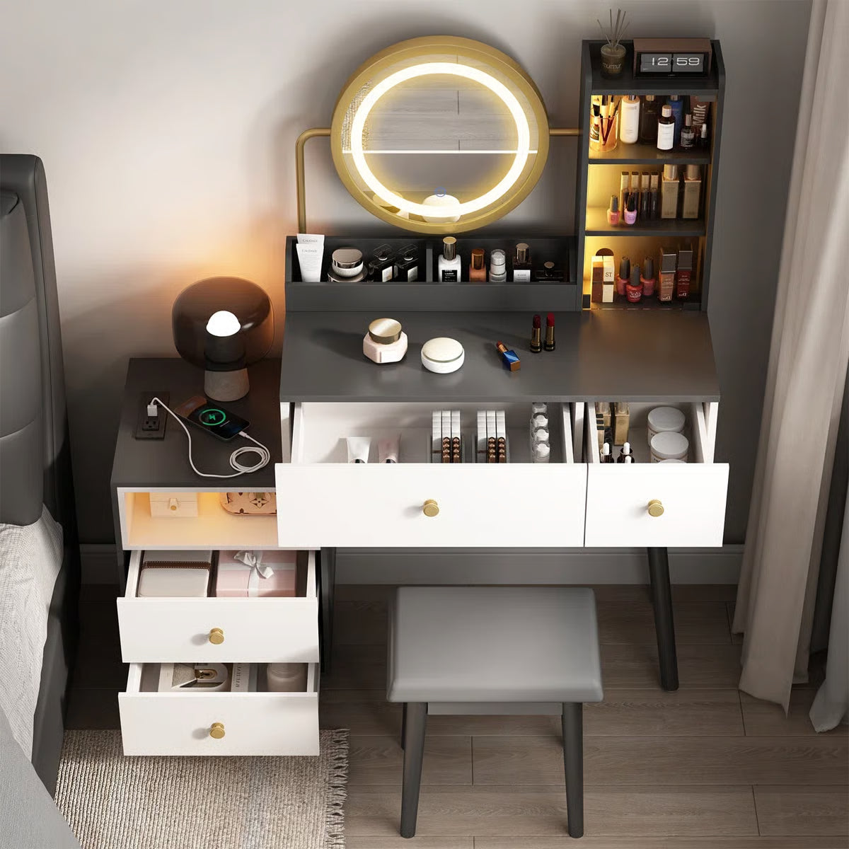 Vanity Makeup Desk Set with Touch Screen Dimming Mirror – Modern Design