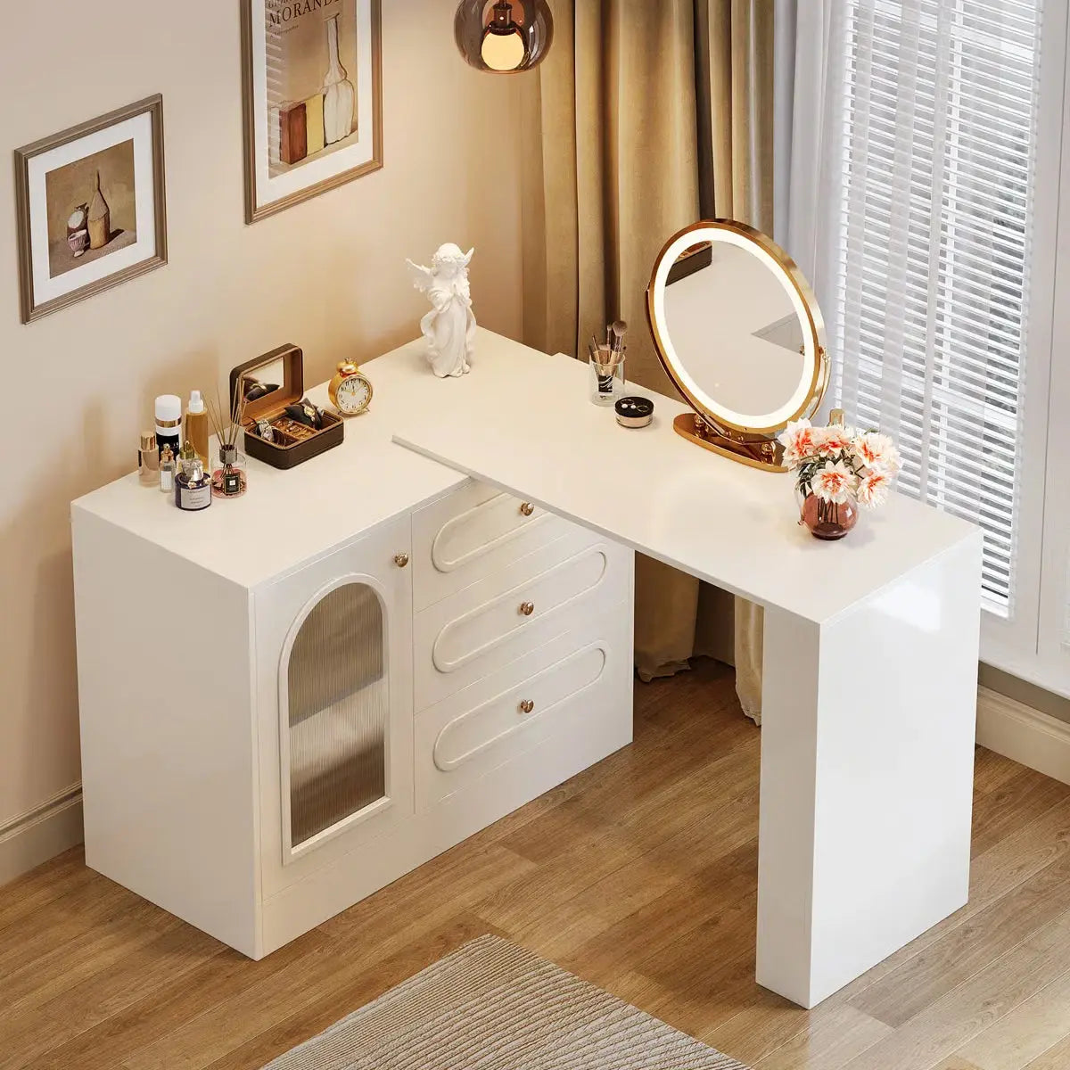 White Makeup Vanity Desk – Modern Dressing Table with Reversible Storage Drawers (Without Mirror) -OUCH CART |Dressing table